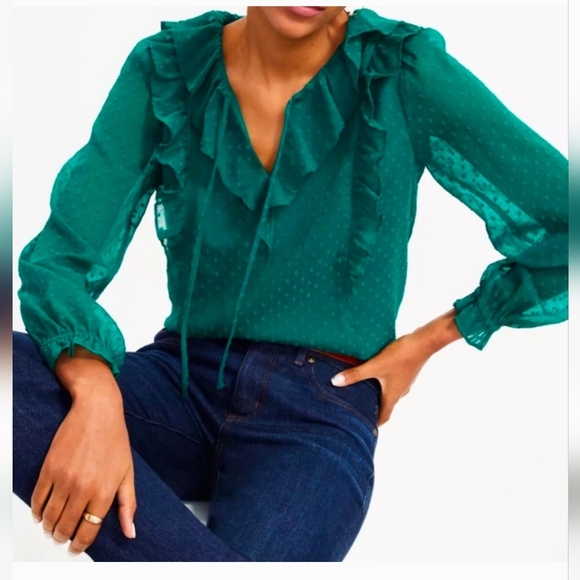 Loft Ruffle Tie Neck Blouse, Size Small in Brilliant Emerald - Picture 3 of 5